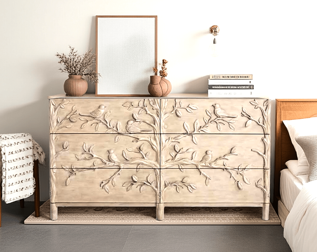 Hand Carved Ornithology Six - Drawer Dresser – handcrafted solid wood furniture