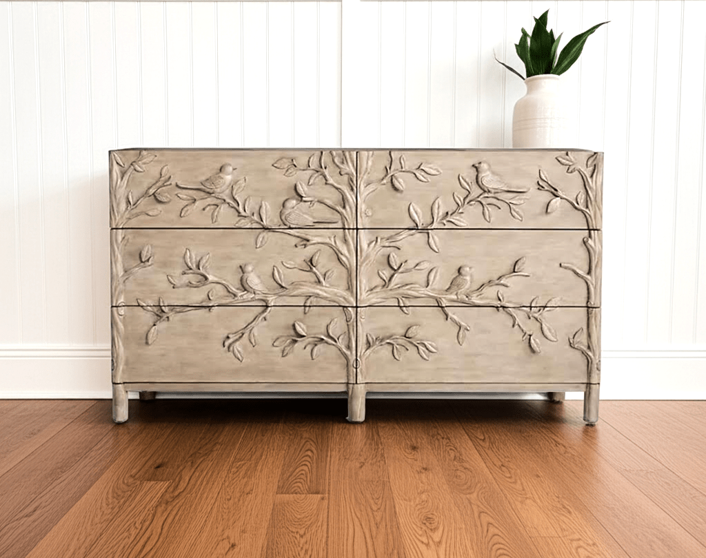 Hand Carved Ornithology Six - Drawer Dresser – handcrafted solid wood furniture