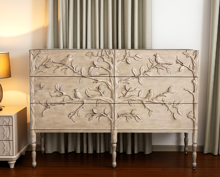Hand Carved Ornithology Six - Drawer Dresser by Hibashi Furniture – handcrafted solid wood furniture made in India