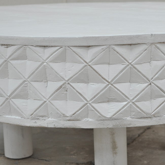 Hand Carved Round Coffee Table with Legs – handcrafted solid wood furniture
