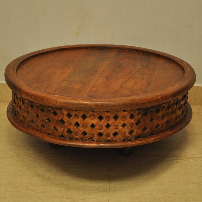 Hand Carved Round Coffee Table with Legs – handcrafted solid wood furniture