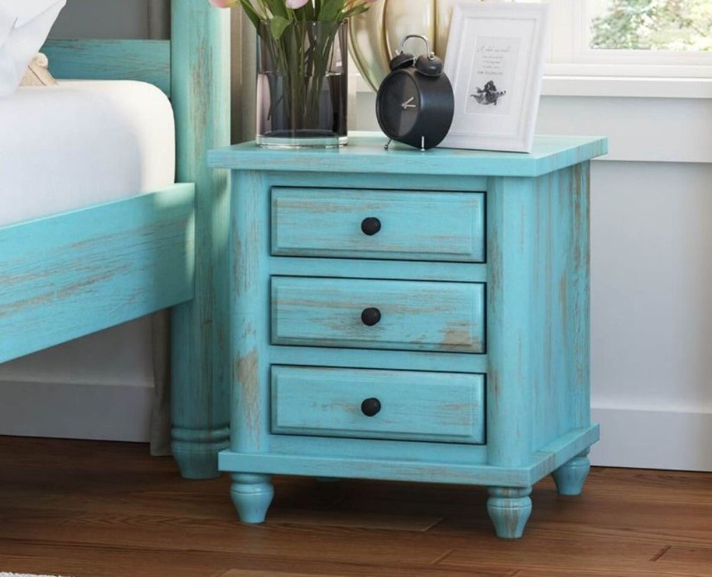 Hand - Carved Turquoise Mango Wood 3 Drawer Bedside / Nightstand – handcrafted solid wood furniture
