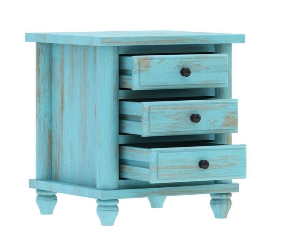 Hand Carved Turquoise Solid Mango Wood 3 Drawer Bedside / Nightstand – handcrafted solid wood furniture