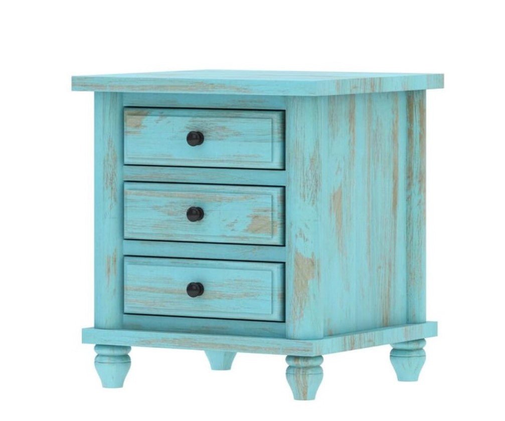 Hand Carved Turquoise Solid Mango Wood 3 Drawer Bedside / Nightstand – handcrafted solid wood furniture