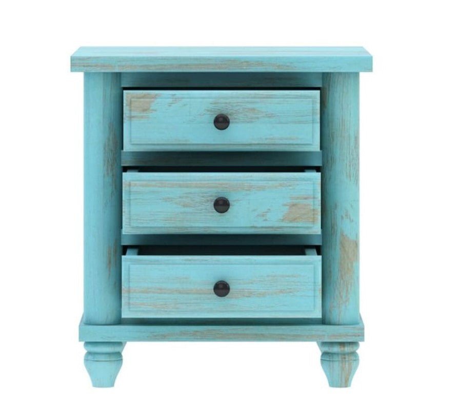 Hand Carved Turquoise Solid Mango Wood 3 Drawer Bedside / Nightstand – handcrafted solid wood furniture