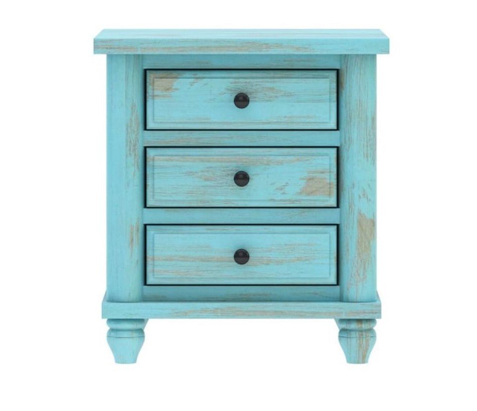 Hand Carved Turquoise Solid Mango Wood 3 Drawer Bedside / Nightstand – handcrafted solid wood furniture