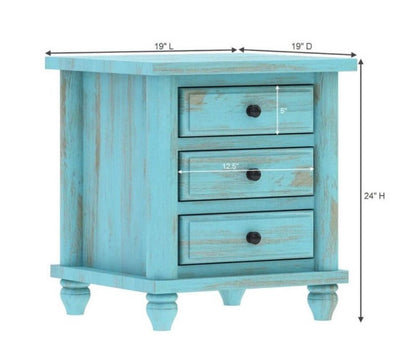 Hand Carved Turquoise Solid Mango Wood 3 Drawer Bedside / Nightstand – handcrafted solid wood furniture