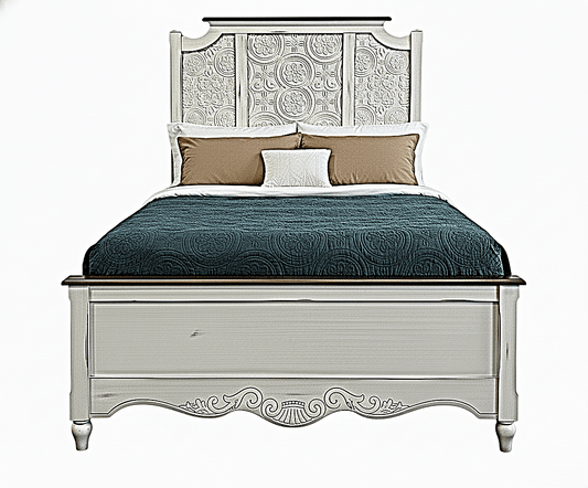 Hand - Carved Whitewash Panel Platform Bed & 5 - Piece Luxury Bedroom Set – handcrafted solid wood furniture