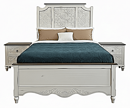 Hand - Carved Whitewash Panel Platform Bed & 5 - Piece Luxury Bedroom Set – handcrafted solid wood furniture