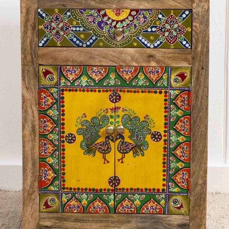 Hand Painted Wooden Bedside Table and Cabinet – handcrafted solid wood furniture