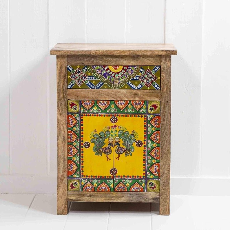 Hand Painted Wooden Bedside Table and Cabinet – handcrafted solid wood furniture