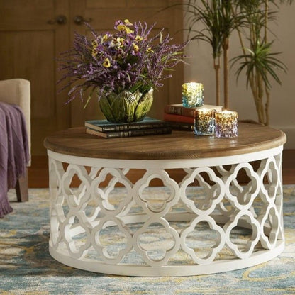 Handmade Wooden Round Coffee Jali Table, Indian Carved Handmade solid Wooden Table – handcrafted solid wood furniture