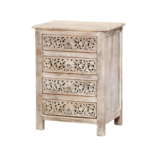 Hibashi - Antique Hand Carved Bedside Table Whitewash – handcrafted solid wood furniture