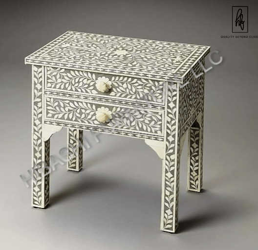 Hibashi Handmade Bone Inlay Bedside Table – handcrafted solid wood furniture