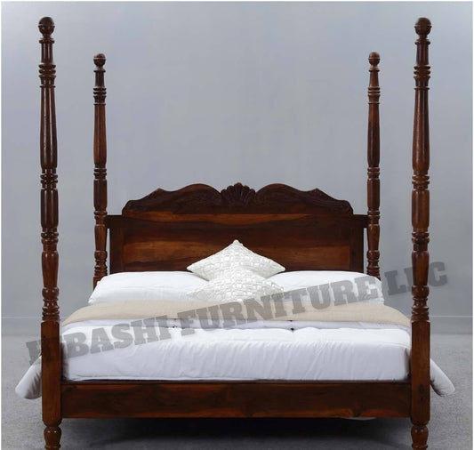 Hibashi Solid Wood Four Poster Platform Bed Frame w Headboard – handcrafted solid wood furniture