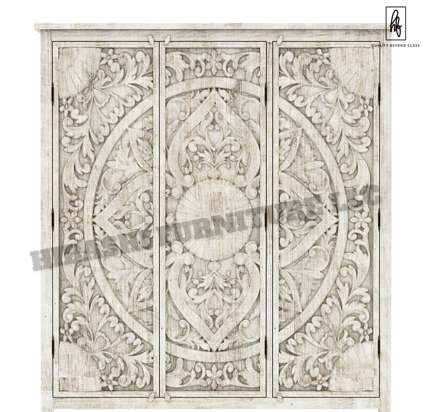 ILANO Hand - carved Solid Mango Wood 3 - door Armoire - HF Commercial Furniture