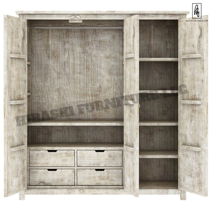 ILANO Hand - carved Solid Mango Wood 3 - door Armoire by R-Designs Furniture – handcrafted solid wood furniture made in India