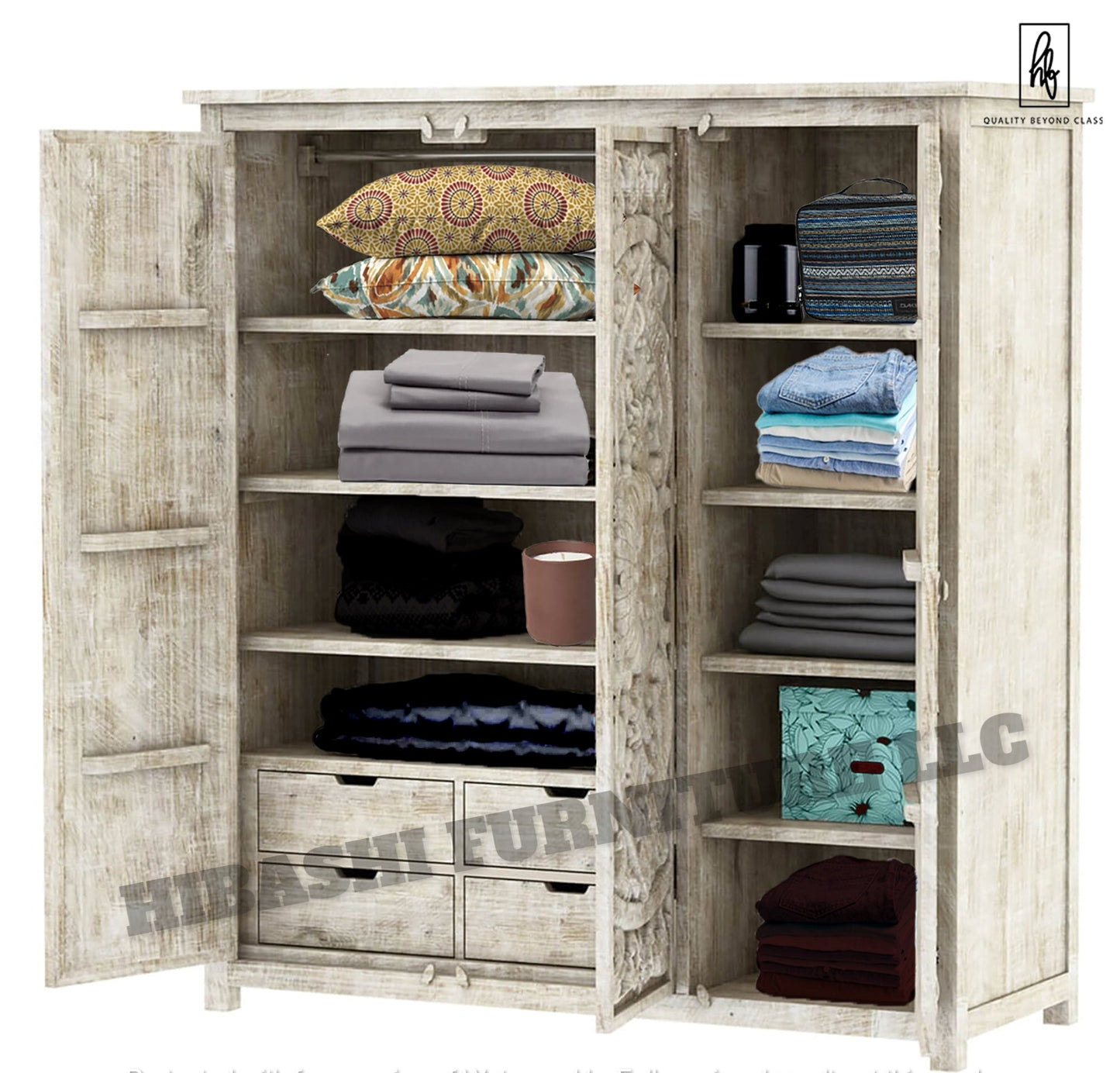 ILANO Hand - carved Solid Mango Wood 3 - door Armoire – handcrafted solid wood furniture