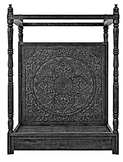 Ilano Weathered Hand-Carved Solid Mango Wood Canopy Platform Bed – handcrafted solid wood furniture