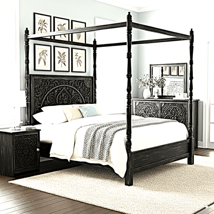 Ilano Weathered Hand - carved Solid Mango Wood Canopy Platform Bed – handcrafted solid wood furniture