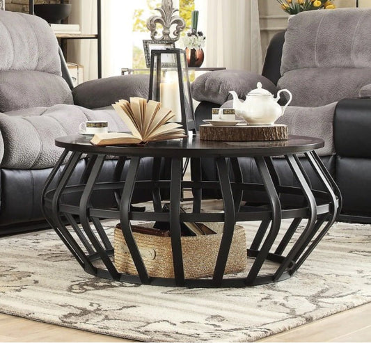 INDANG Metal Frame Round Cage Slate Accent Coffee Table – handcrafted solid wood furniture