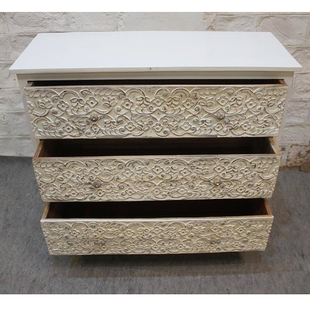 India Handcarved Mango Wood 3 Drawer Dresser – handcrafted solid wood furniture