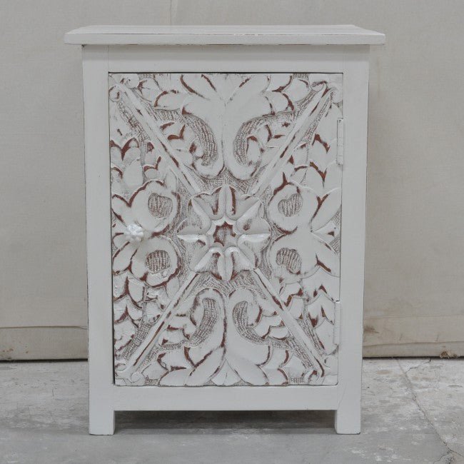 Indian Floral Design Hand Carved Wooden Bedside Table/ Hand Made Nightstand – handcrafted solid wood furniture