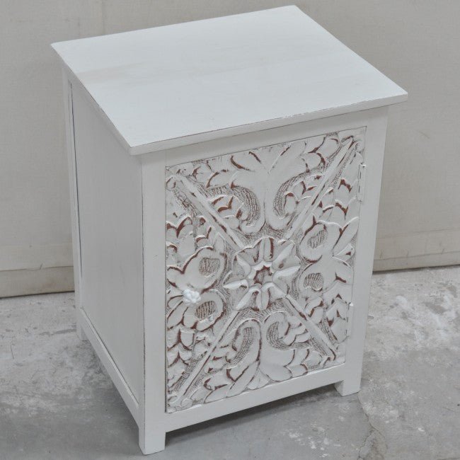 Indian Floral Design Hand Carved Wooden Bedside Table/ Hand Made Nightstand – handcrafted solid wood furniture