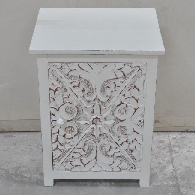 Indian Floral Design Hand Carved Wooden Bedside Table/ Hand Made Nightstand – handcrafted solid wood furniture