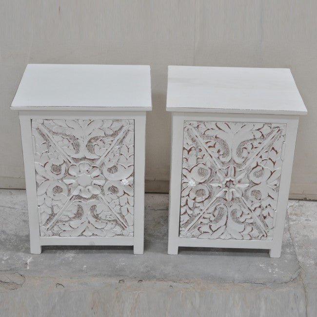 Indian Floral Design Hand Carved Wooden Bedside Table/ Hand Made Nightstand – handcrafted solid wood furniture