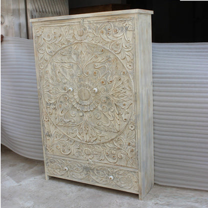 Indian Hand Carved Floral Design Solid Wooden Wardrobe/ Armoire – handcrafted solid wood furniture