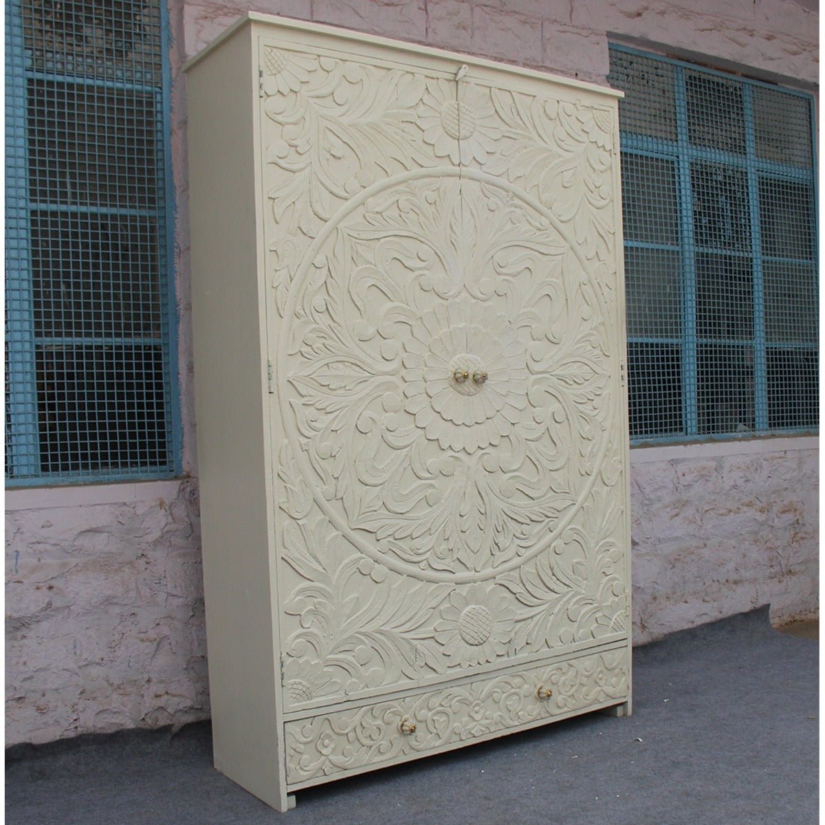 Indian Hand Carved Floral Design Solid Wooden Wardrobe/ Armoire – handcrafted solid wood furniture