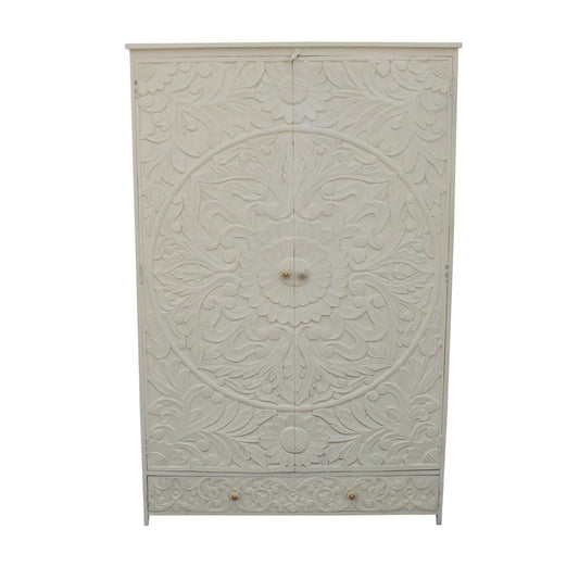 Indian Hand Carved Floral Design Solid Wooden Wardrobe/ Armoire – handcrafted solid wood furniture