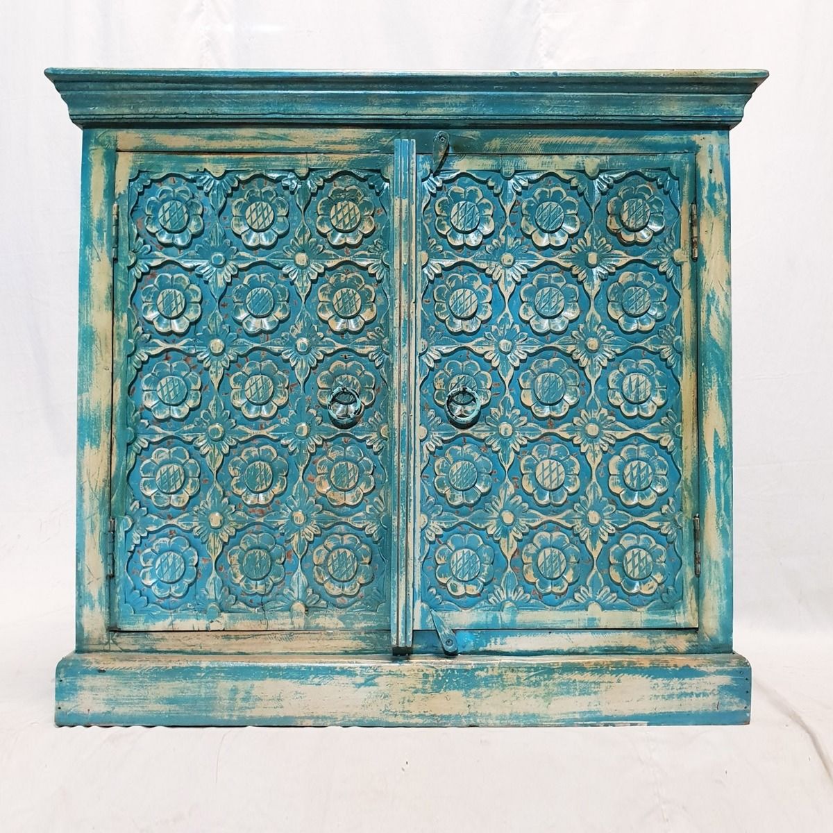 Indian hand carved floral small buffet sideboard storage cabinet – handcrafted solid wood furniture