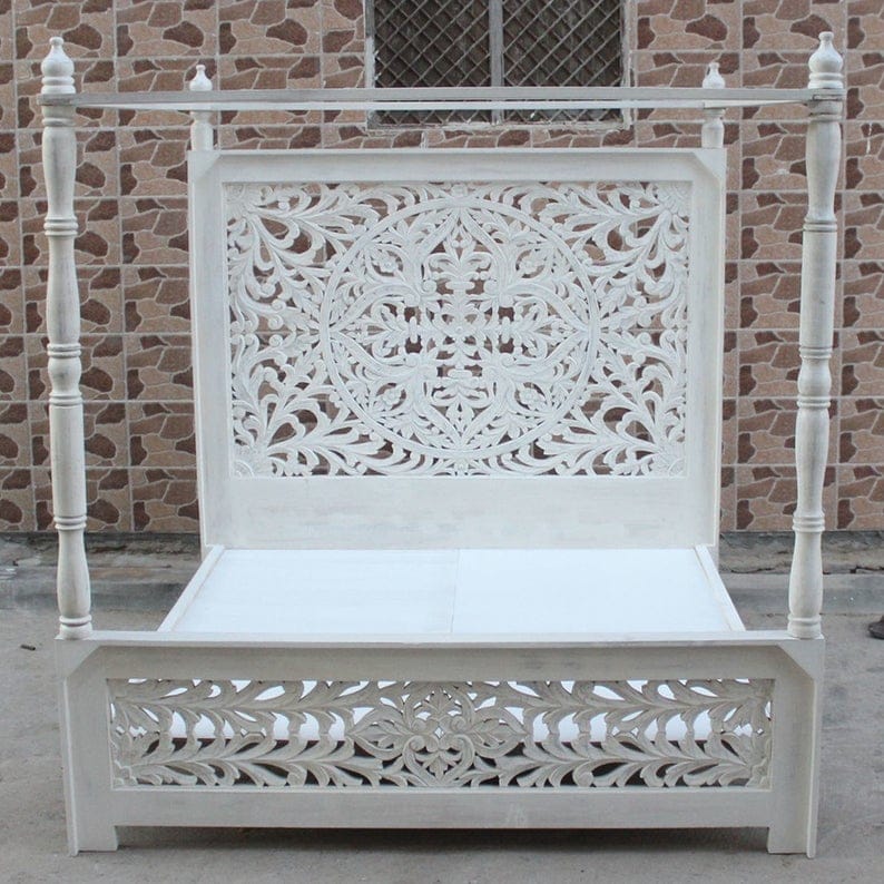 Indian Hand - Carved Wood Canopy Platform Bed Frame – handcrafted solid wood furniture