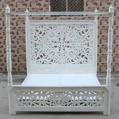 Indian Hand - Carved Wood Canopy Platform Bed Frame – handcrafted solid wood furniture