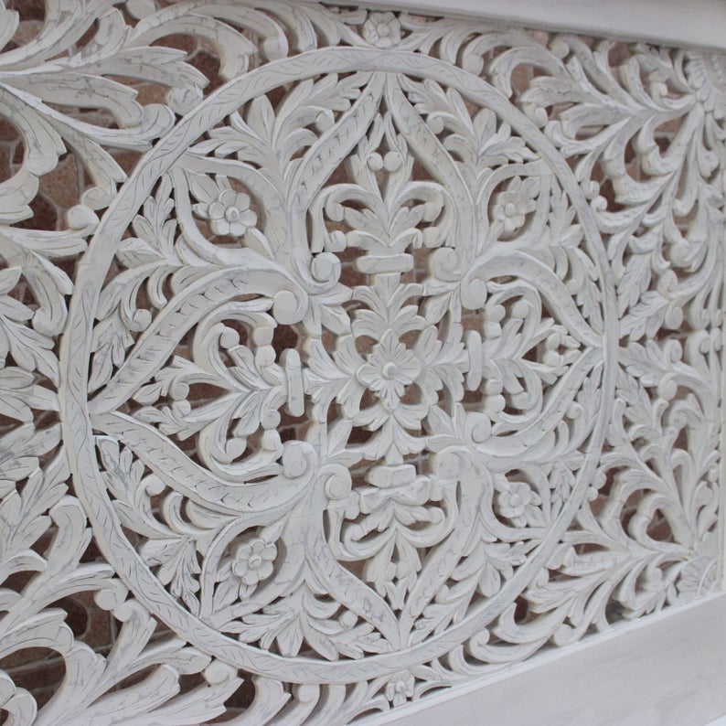 Indian Hand Carved wooden High Headboard Canopy Bed Frame – handcrafted solid wood furniture