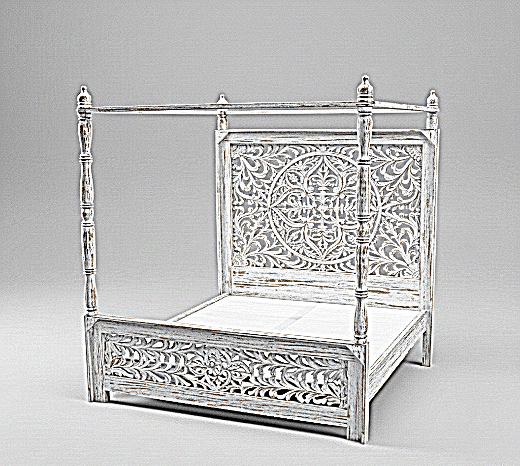 Indian Hand Carved wooden High Headboard Canopy Bed Frame – handcrafted solid wood furniture