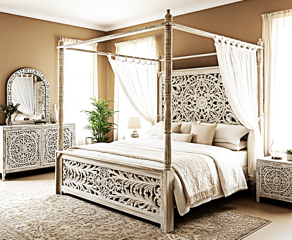 Indian Hand Carved wooden High Headboard Canopy Bed Frame – handcrafted solid wood furniture