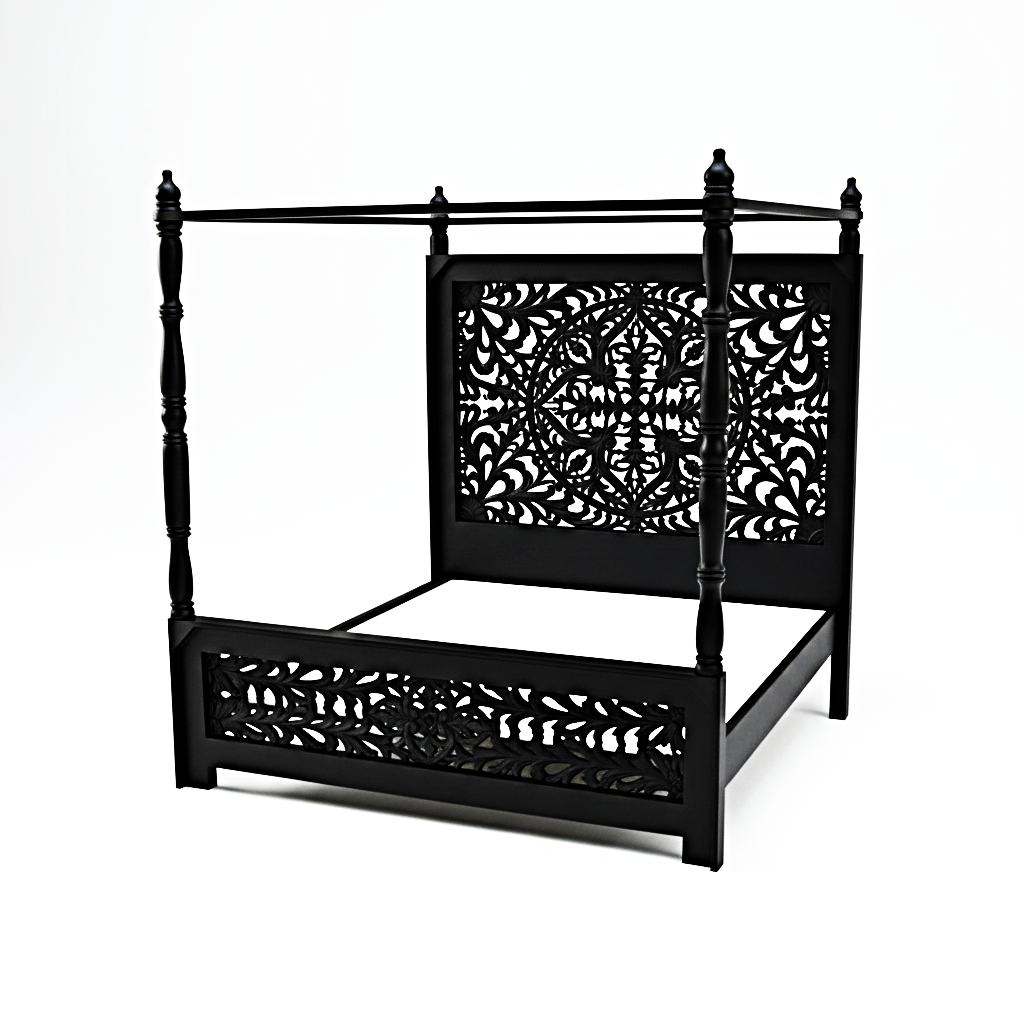 Indian Hand Carved wooden High Headboard Canopy Bed Frame – handcrafted solid wood furniture