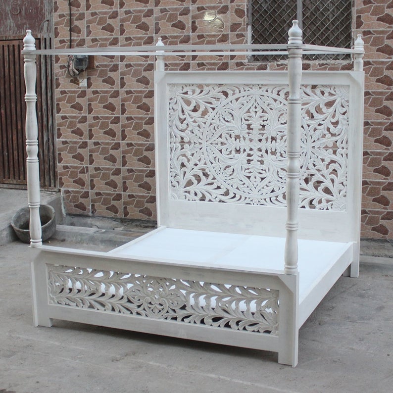 Indian Hand Carved wooden High Headboard Canopy Bed Frame – handcrafted solid wood furniture
