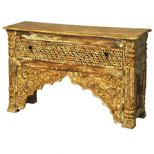 Indian Mehrab Style Carved Brown Solid Wood Console/Hall Table with Drawer – handcrafted solid wood furniture