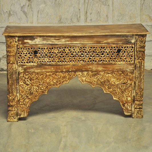 Indian Mehrab Style Carved Brown Solid Wood Console/Hall Table with Drawer – handcrafted solid wood furniture