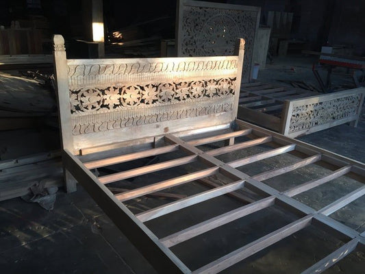Indian Style Solid Wooden Flower Design Bed Frame King/ Queen – handcrafted solid wood furniture
