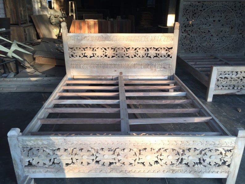 Indian Style Solid Wooden Flower Design Bed Frame King/ Queen – handcrafted solid wood furniture