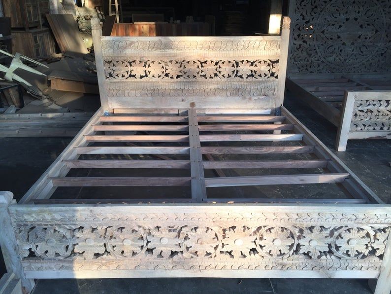 Indian Style Solid Wooden Flower Design Bed Frame King/ Queen – handcrafted solid wood furniture