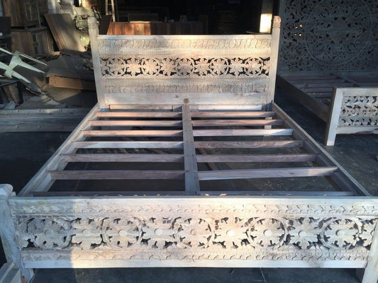Indian Style Solid Wooden Flower Design Bed Frame King/ Queen – handcrafted solid wood furniture
