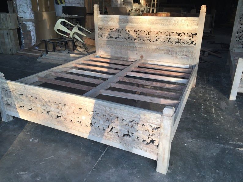 Indian Style Solid Wooden Flower Design Bed Frame King/ Queen – handcrafted solid wood furniture