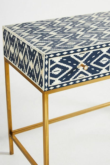 Ivory Bone Inlaid Wooden Console Table, Bone Inlay Office Desk – handcrafted solid wood furniture