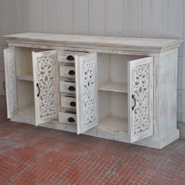 JALI SOLID 5 DRAWERS WOODEN SIDEBOARD - White wash - 180 - 40 - 90 – handcrafted solid wood furniture